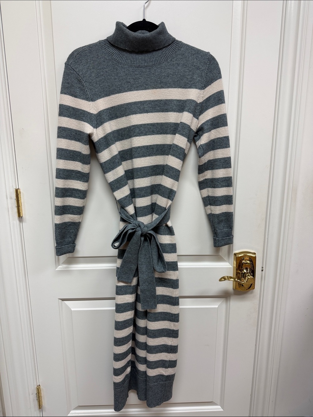 Ann Taylor Striped Turtleneck Knit Midi Dress with Waist Tie - Gray & Cream